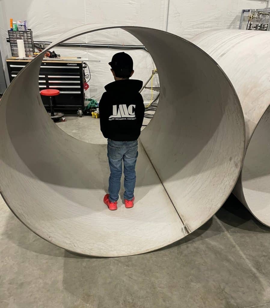 Rolled vessel shell sections at Inland Mechanical's fabrication shop in Richland, WA
